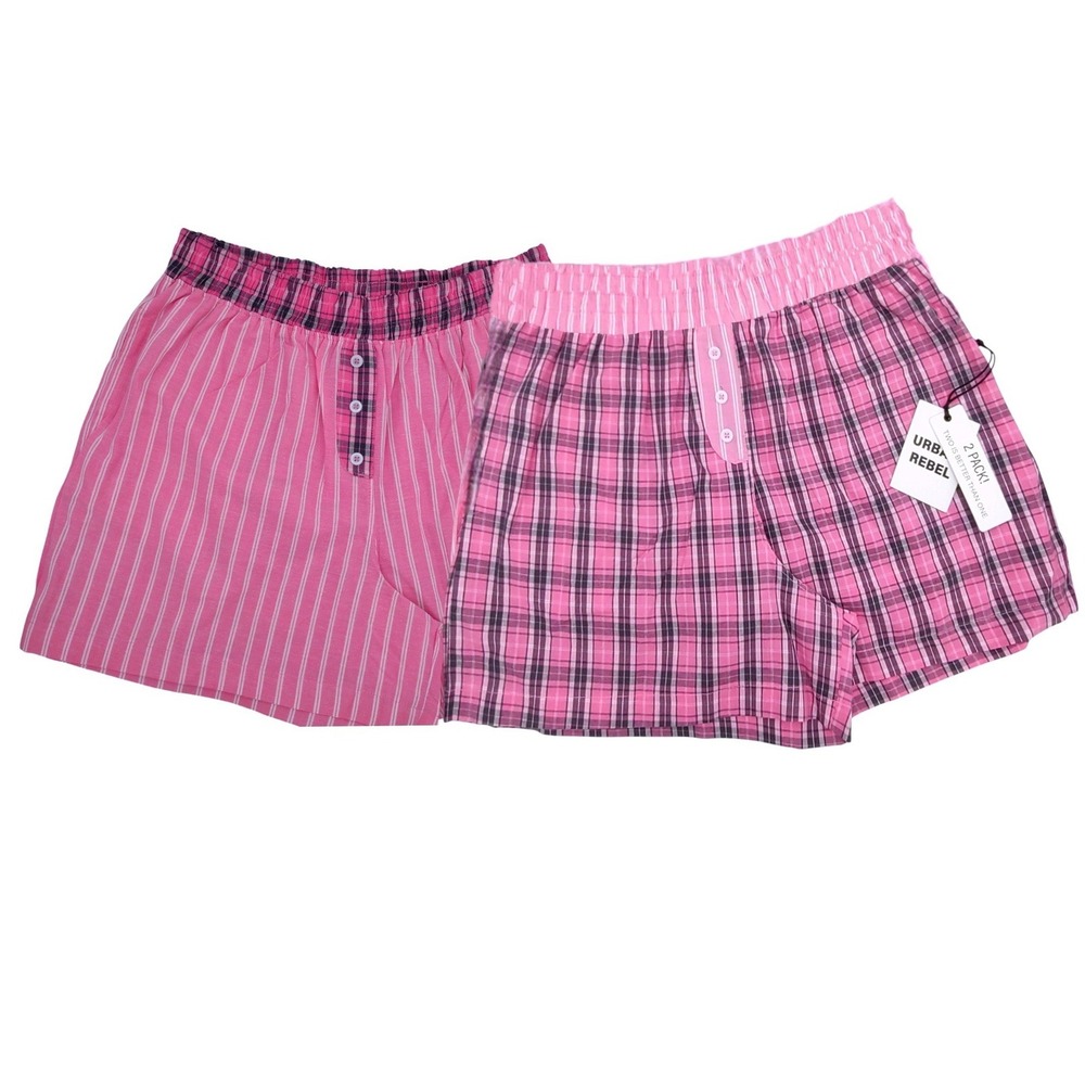 2 Cotton Sleep Shorts Womens (M) Pajama Boxer Pockets Pink Plaid & Pink Striped‎